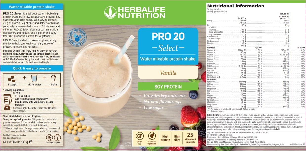 Nutritional Information Herbalife PRO 20 Select
