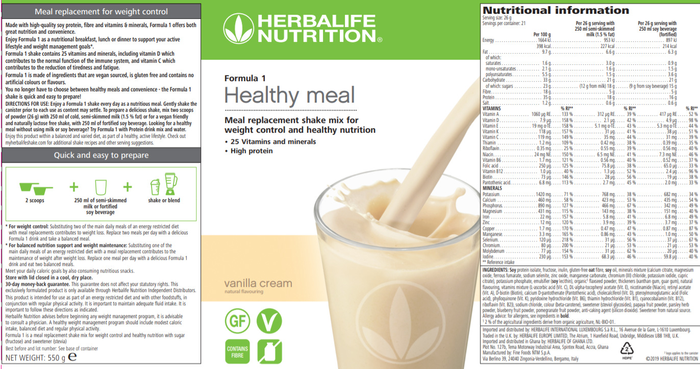 Nutritional Information Herbalife Formula 1 Shake Mix Vanilla Cream 550 g