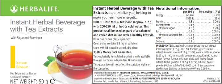 nutritional information Instant Herbal Beverage with Tea Extracts lemon 50 gram