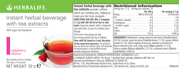 Nutritional Information Herbalife Instant beverage with tea extracts 50 g raspberry
