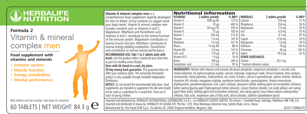 Nutritional Information Herbalife Formula 2 - Vitamin & Mineral Complex Men's 60 tablets
