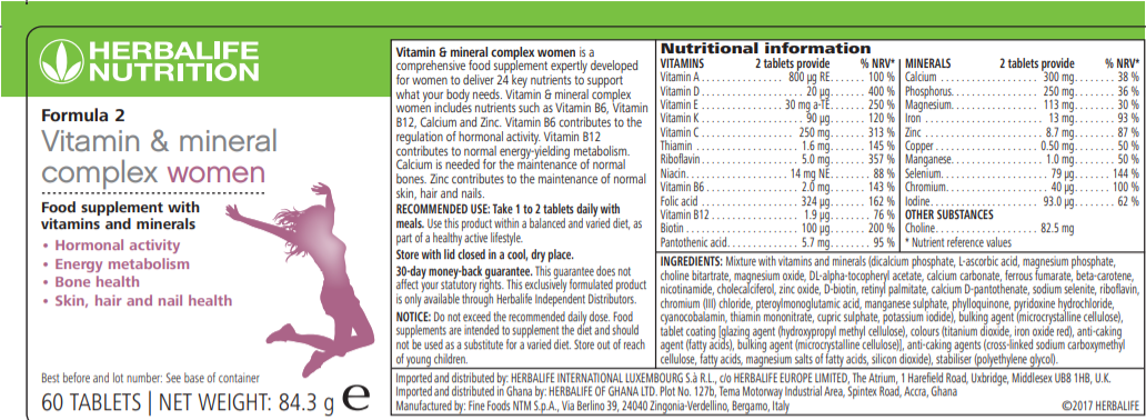 Nutritional Information Herbalife Formula 2 - Vitamin & Mineral Complex Women's 60 tablets