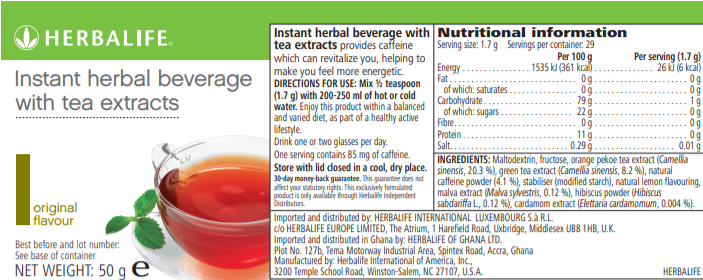 Nutritional Information Herbalife Instant beverage with tea extracts 50 g original