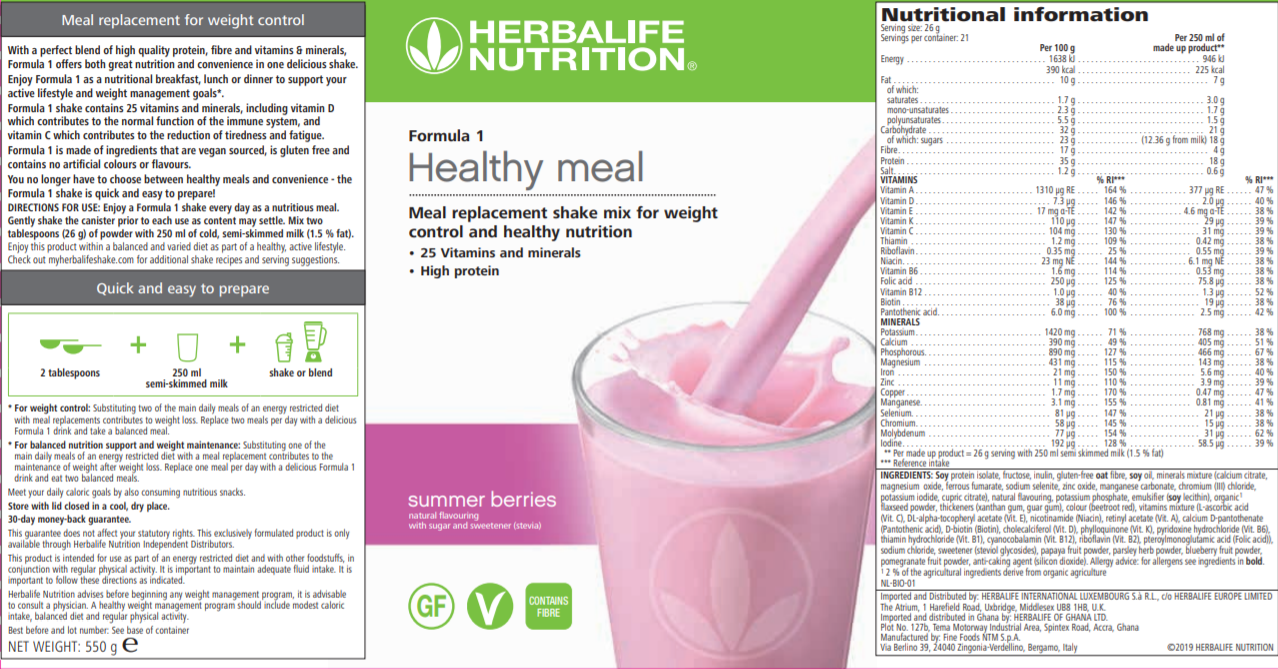 Nutritional Information Herbalife Formula 1 Summer Berries