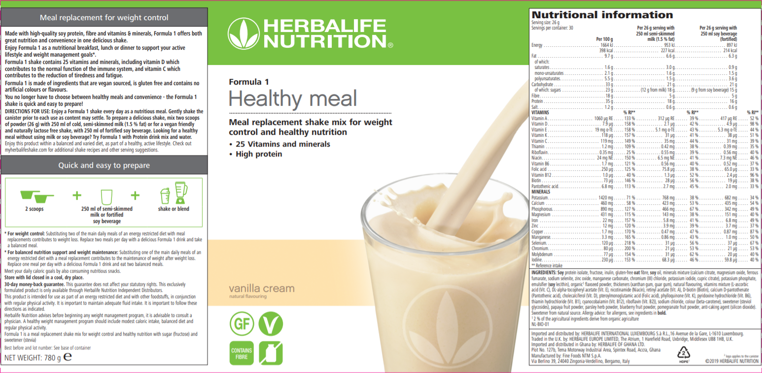 Nutritional Information Herbalife Formula 1 Nutritional Shake Mix Vanilla Cream 780 g