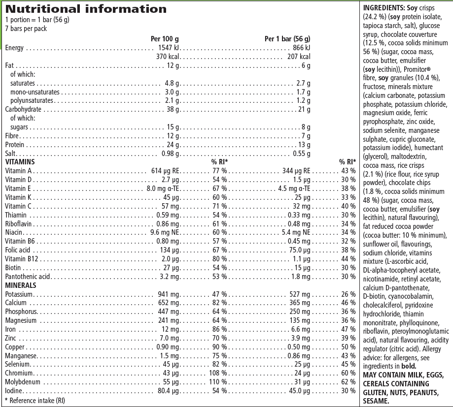 Formula 1 Express Healthy Meal Bars Dark Chocolate Nutritional Info