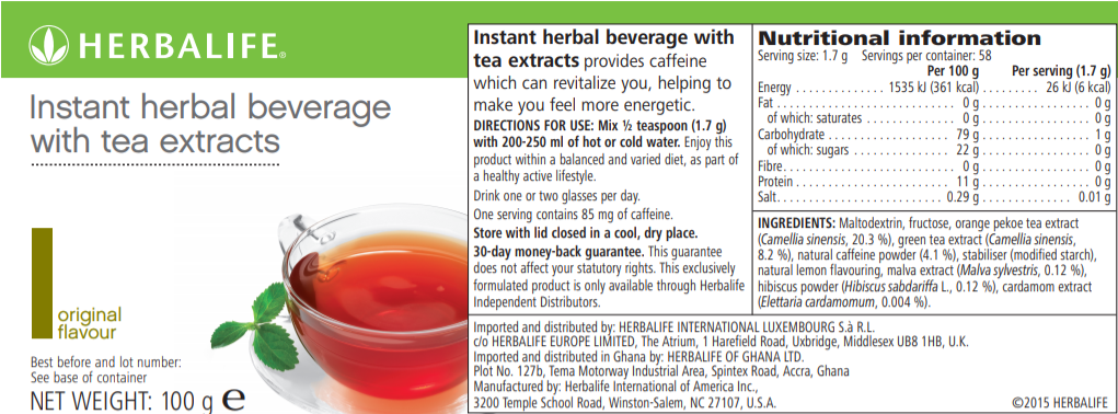 Nutritional Information Herbalife Beverage 100g