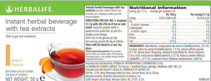 Nutritional Information Herbalife Instant beverage with tea extracts 50 g peach